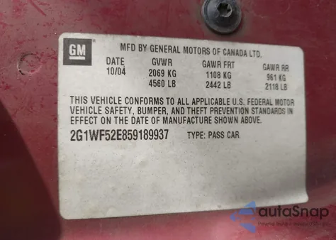 2005 Chevrolet Impala из США, поврежденный, VIN 2G1WF52E859189937